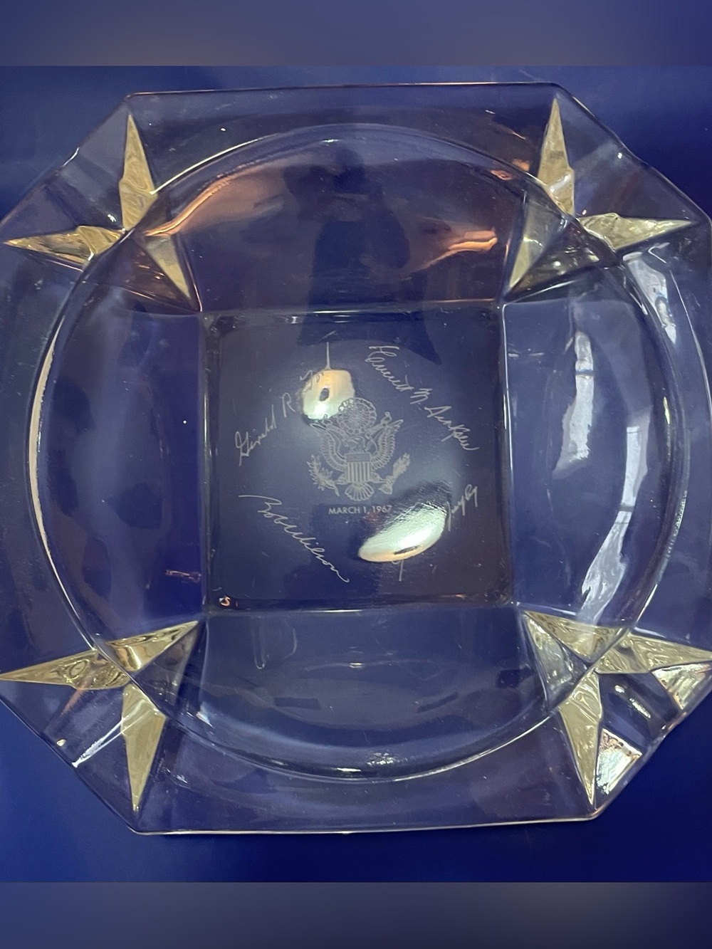 Vintage 1967 Gerald Ford Clear Heavy Glass Ashtray - Octagonal 8”